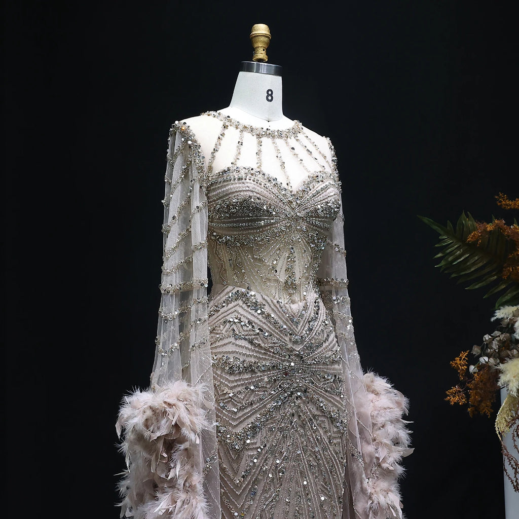 Beaded Mermaid Gown | Feather Cape Sleeves | Caramel & Pink