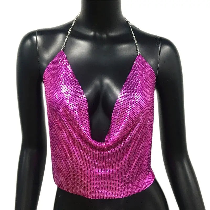 Metallic Sequin Crop Tank - Backless Performance Top