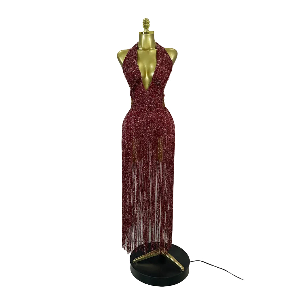 Rhinestone Fringe Halter Gown | Deep V | Burgundy