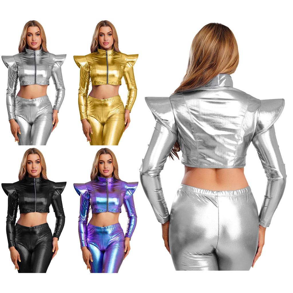 Metallic Ruffle Shoulder Crop Jacket | Zip Front | Rave & Stage Performance