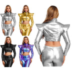 Metallic Ruffle Shoulder Crop Jacket | Zip Front | Rave & Stage Performance