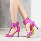 Purple Satin Latin Dance Shoes | Peep Toe | Lace-Up Heel