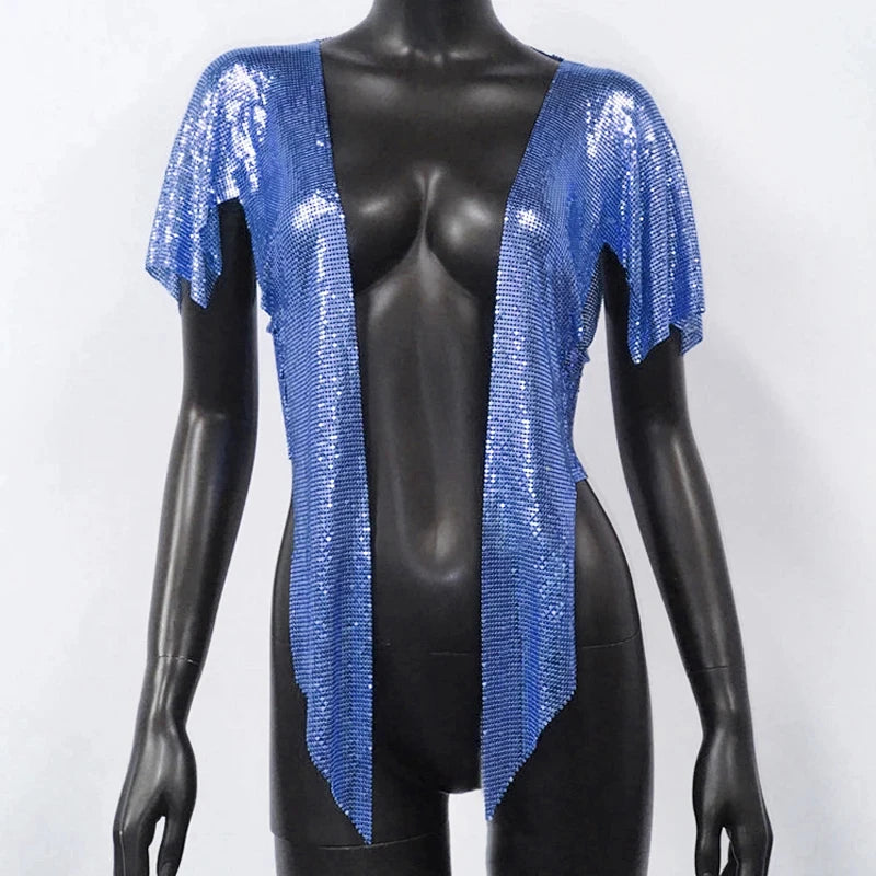 Metal Sequin Crop Cardigan - V-Neck Festival Performance Top