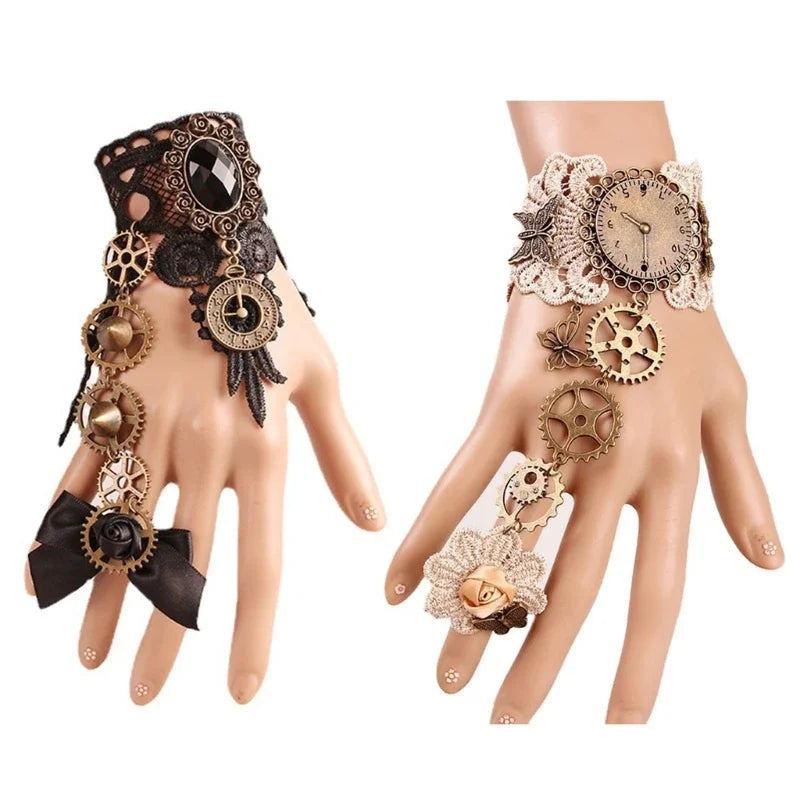 Steampunk Gear Bracelet with Finger Ring | Black & Khaki