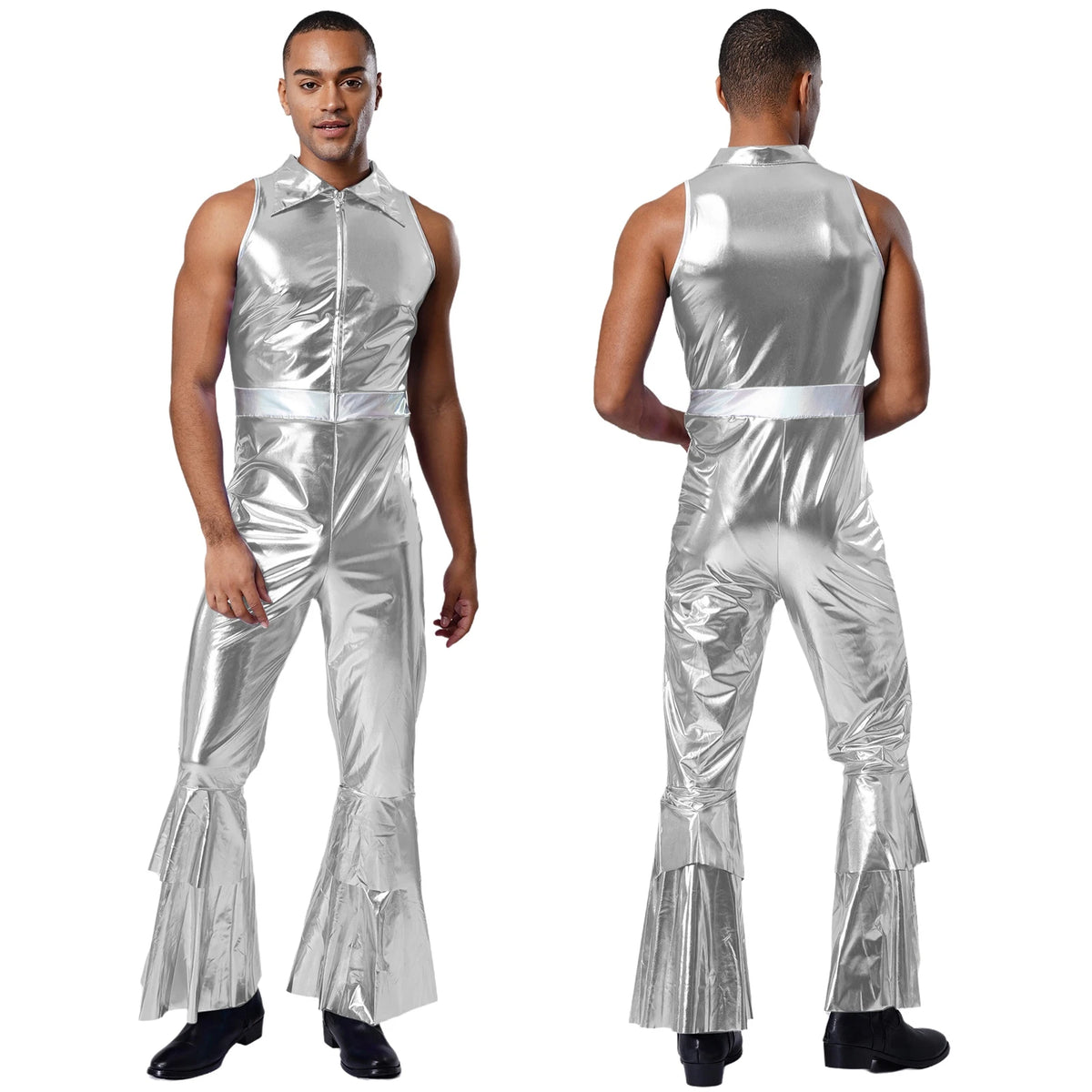Men's Holographic Disco Jumpsuit | Lapel Collar & Flared Leg | 70s Stage Costume