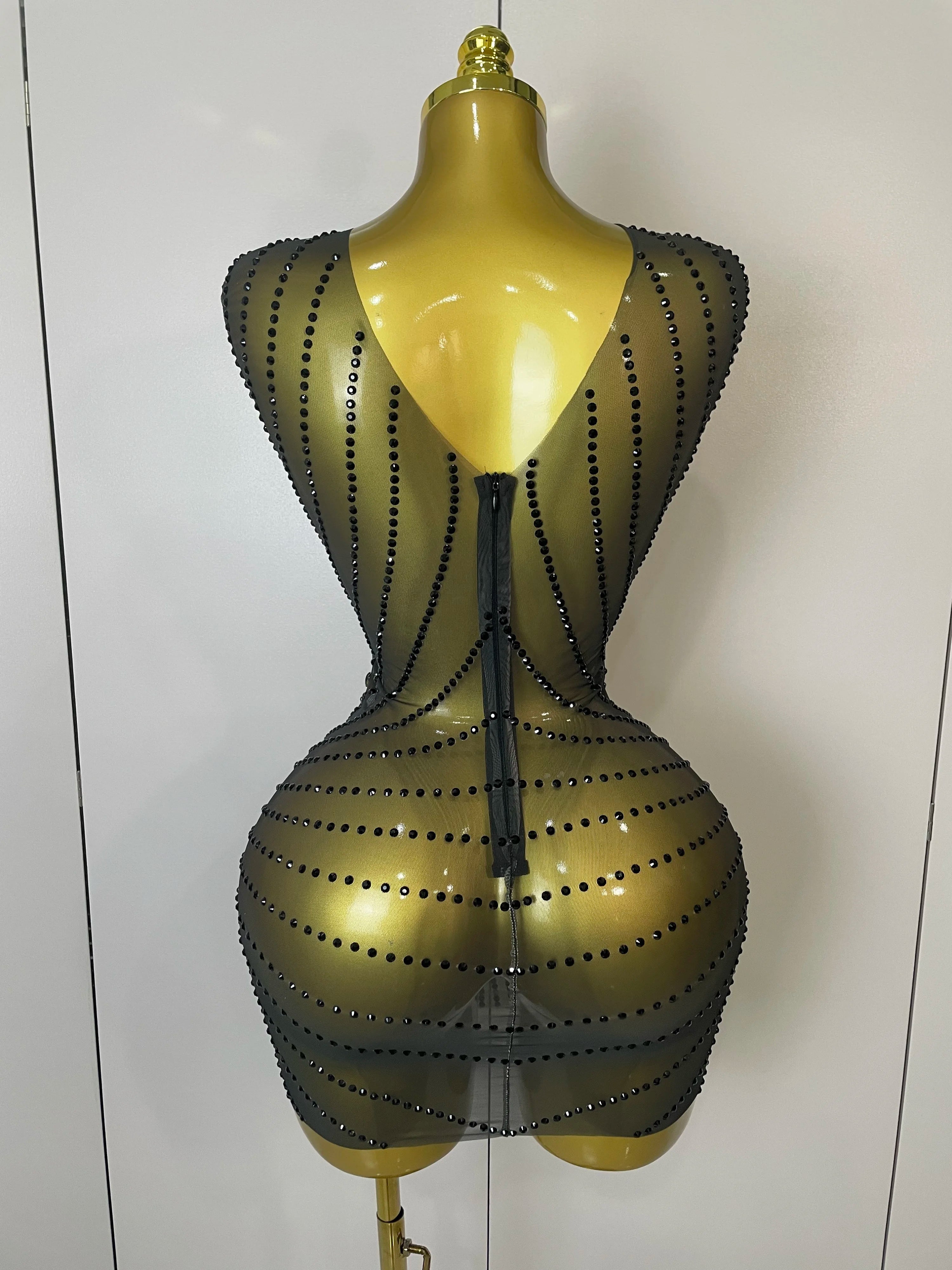 Gold Rhinestone Mesh Mini Dress | Fringe Skirt | Stage & Club