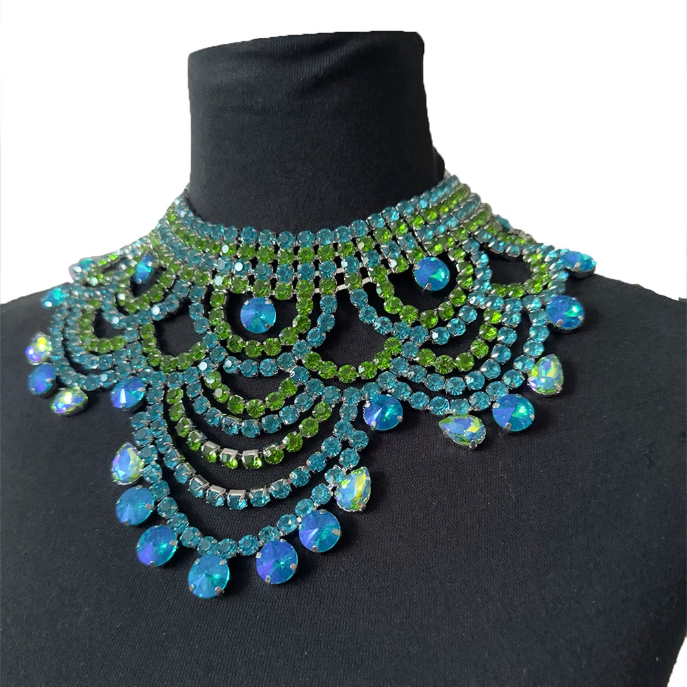 Aqua Rhinestone Bib Choker | Oversized Statement Necklace