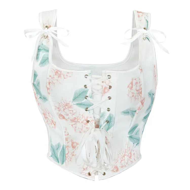 Floral Print Overbust Corset | Straps & Lace-Up | Vintage