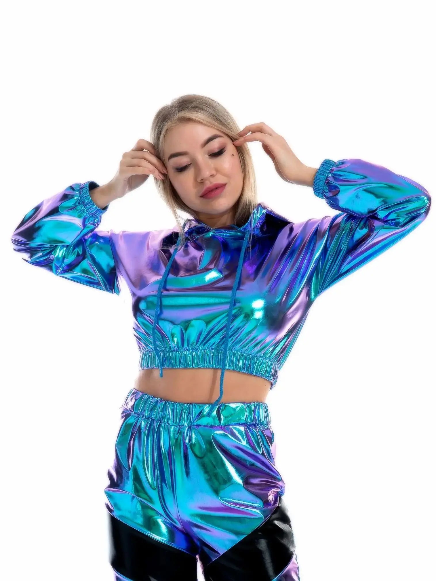 Holographic Crop Hoodie | Metallic Shiny | Drawstring