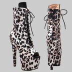 17CM Leopard Print Platform Ankle Boots - Open Toe 7 Inch High Heel Pole Dance Boots