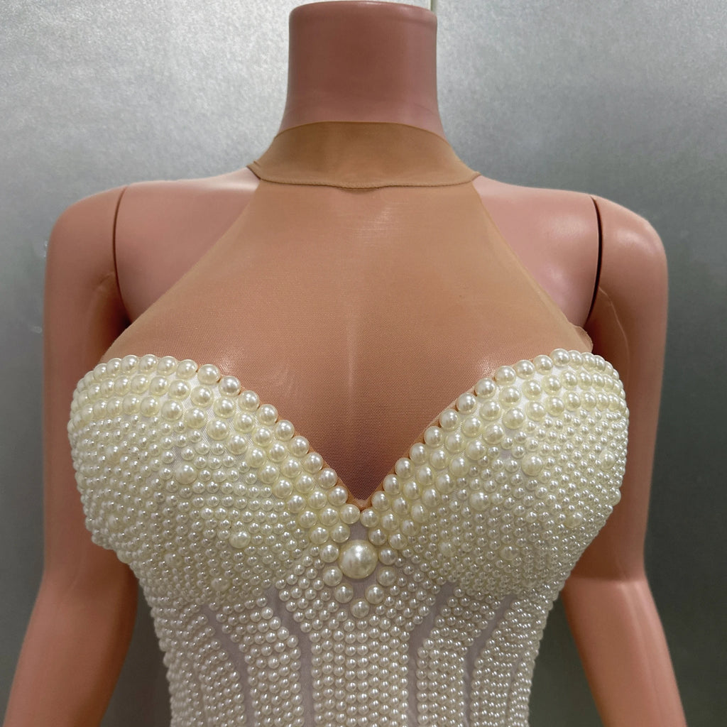 Pearl Beading Halter Bodysuit - Luxury Backless Performance Wear for Singers & Dancers
