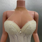 Pearl Beading Halter Bodysuit - Luxury Backless Performance Wear for Singers & Dancers