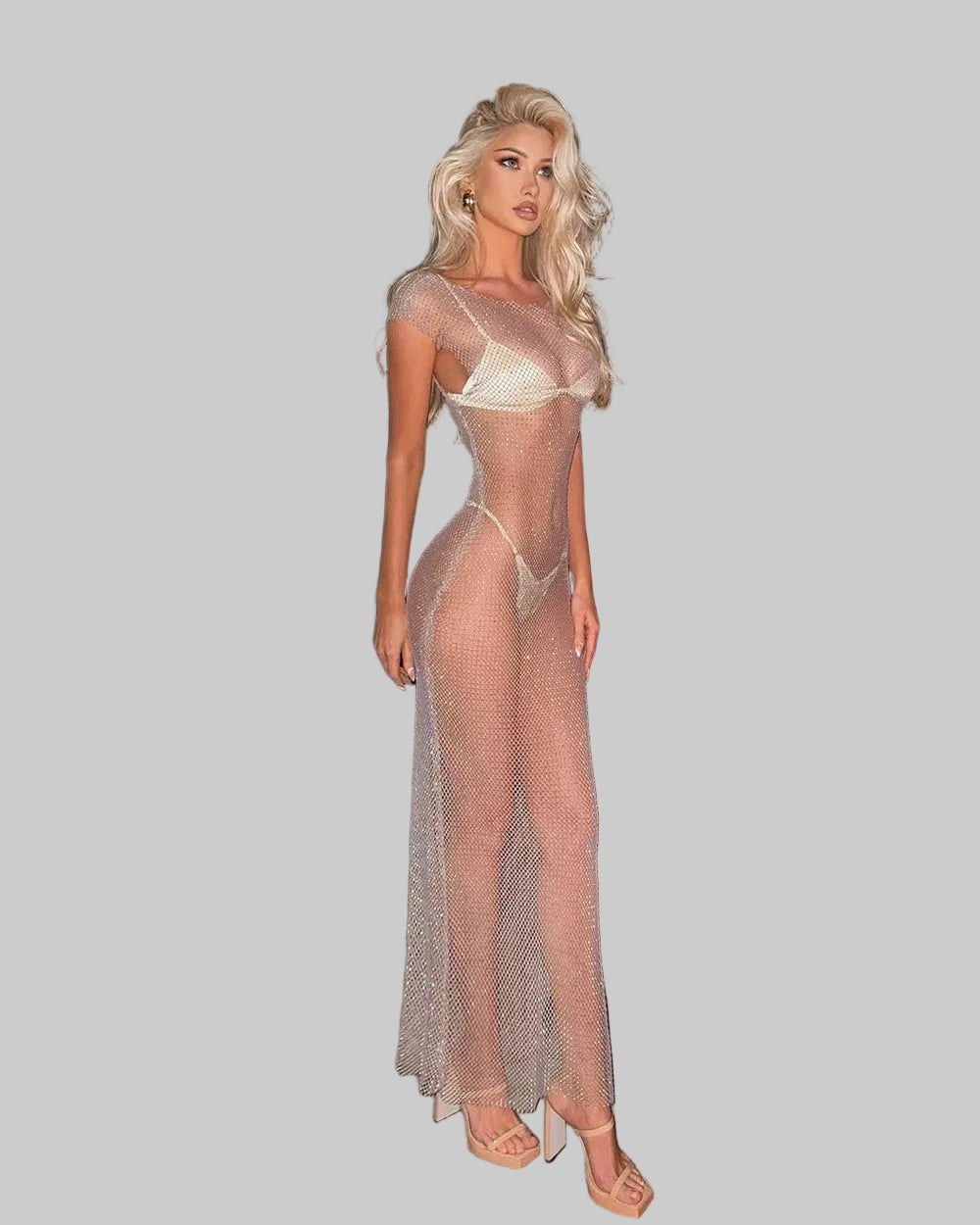 Rhinestone Mesh Maxi Dress - Off Shoulder See-Through Gown