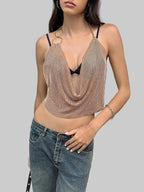 Full Diamond Sequin Halter Crop Top - Deep V-Neck Backless Tank