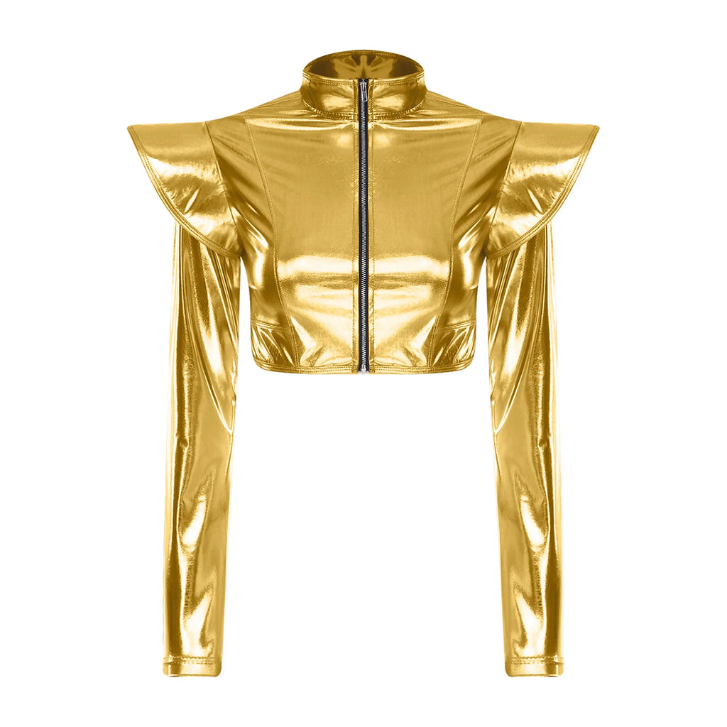 Metallic Ruffle Shoulder Crop Jacket | Zip Front | Rave & Stage Performance