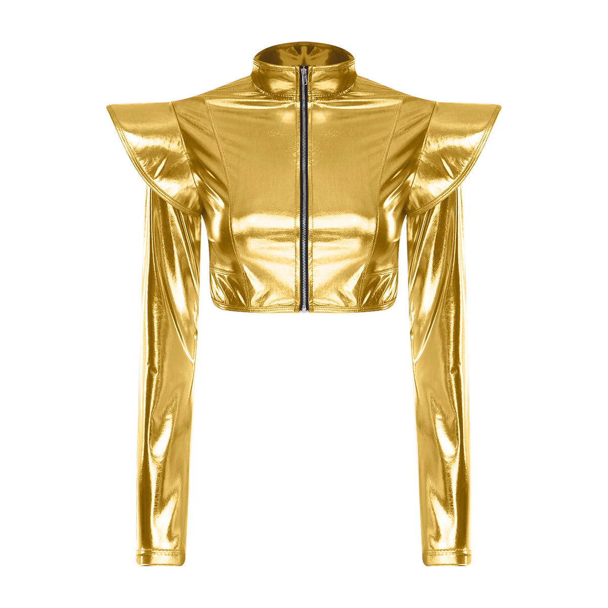 Metallic Ruffle Shoulder Crop Jacket | Zip Front | Rave & Stage Performance