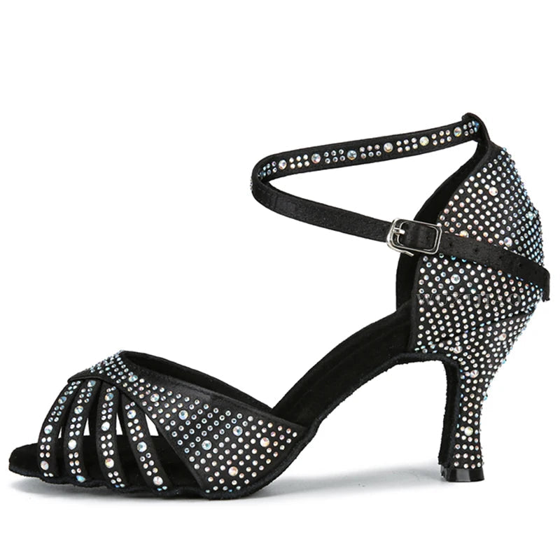 Rhinestone Latin Dance Sandal | Satin | 7.5cm Cuban Heel