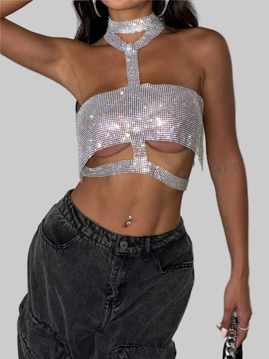 Rhinestone Metal Halter Crop Top - Backless Waist Camisole