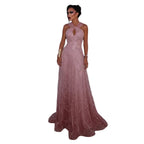 Pearl Beaded V-Neck A-Line Pageant Gown | Criss-Cross | Gray & Gradient Pink