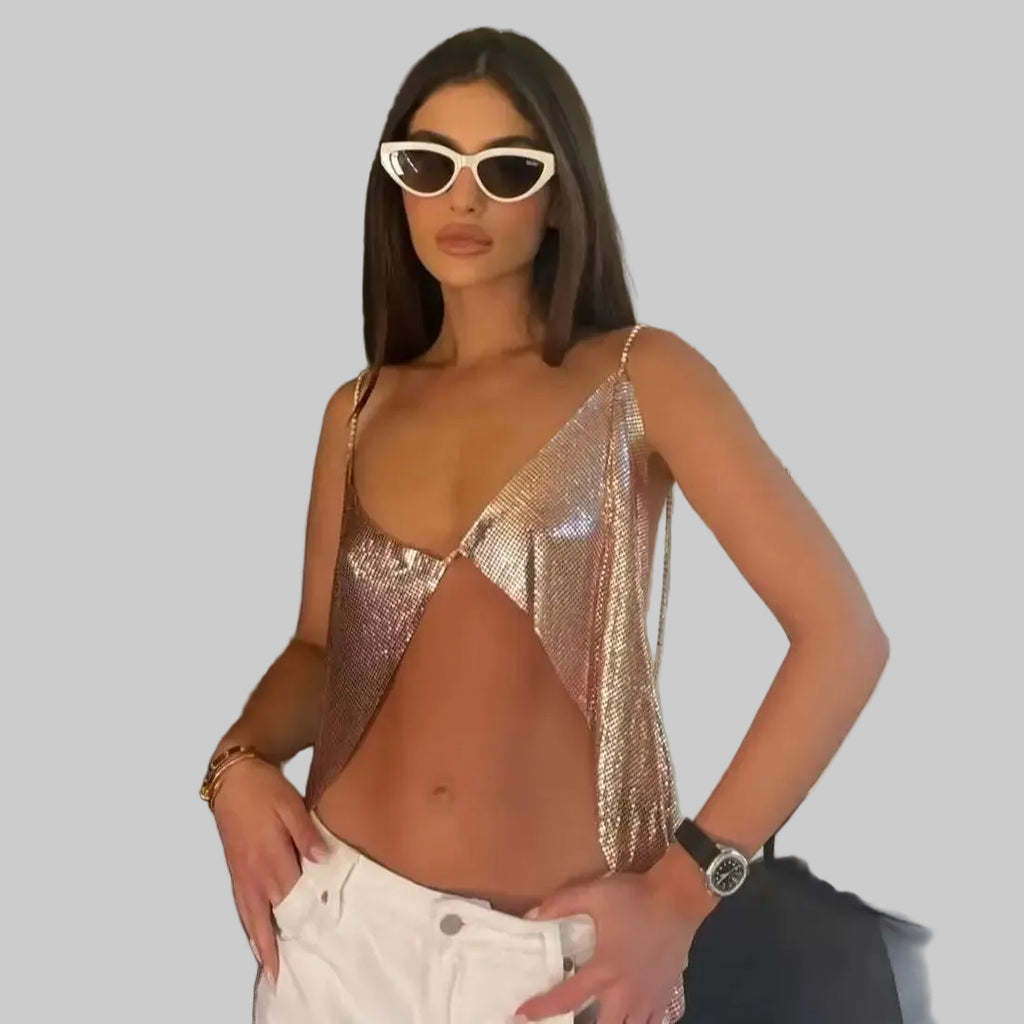 Metal Sequin Halter Crop Top - Deep V Backless Festival Tank