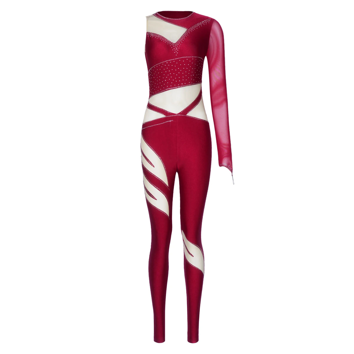 Women's Rhinestone Gymnastics Unitard | Mesh Patchwork & Asymmetric Shoulder | Performance Jumpsuit