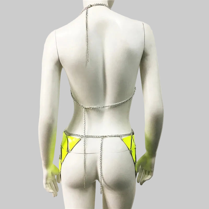 PU Leather Geometry 2-Piece Set - Backless Top & Mini Skirt Rave Outfit