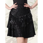 Tiered Ruffle Latin Dance Skirt | Metallic Shimmer | Practice & Performance | Black
