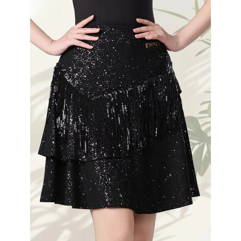 Tiered Ruffle Latin Dance Skirt | Metallic Shimmer | Practice & Performance | Black