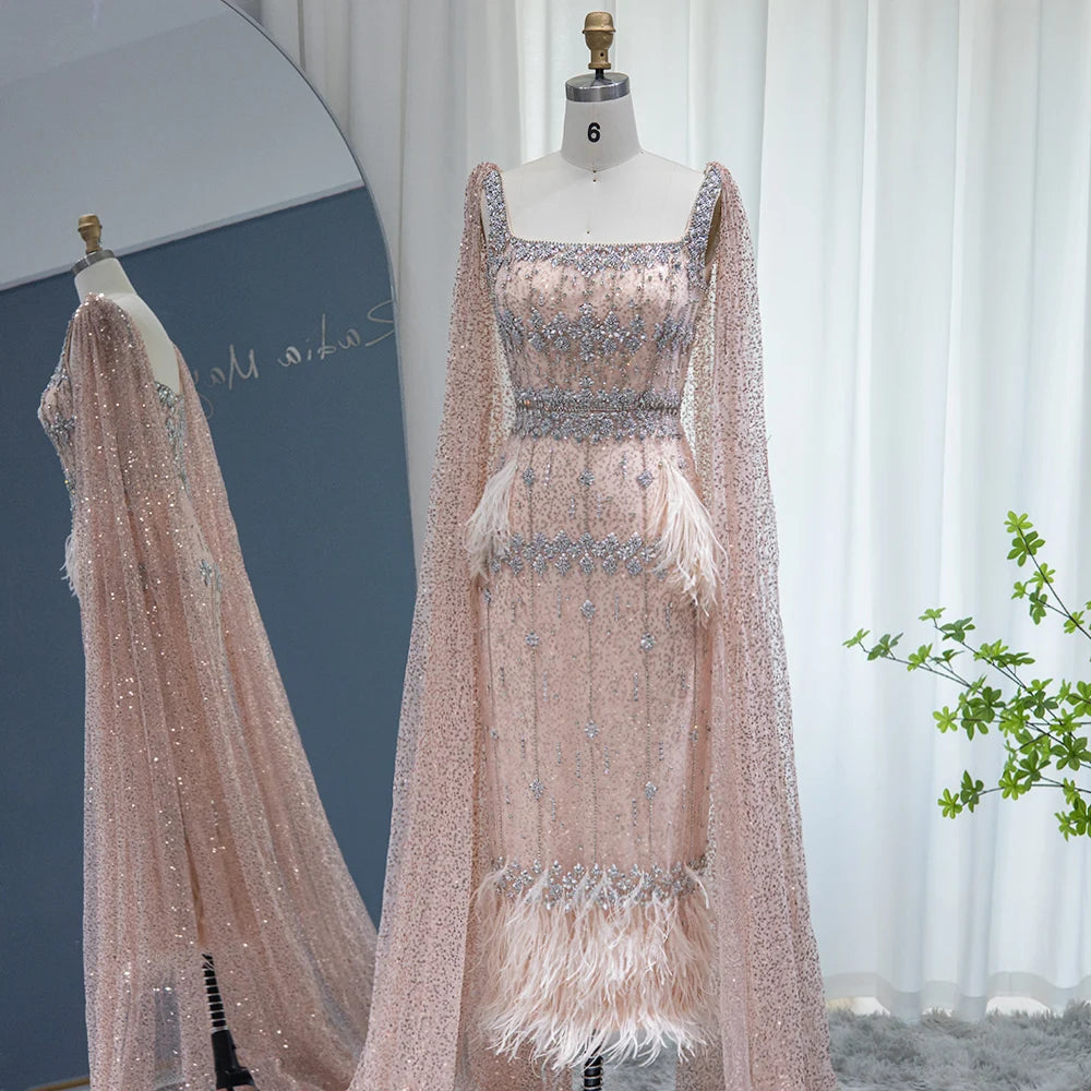 Crystal Mermaid Gown with Cape | Feather Trim | 3 Colors