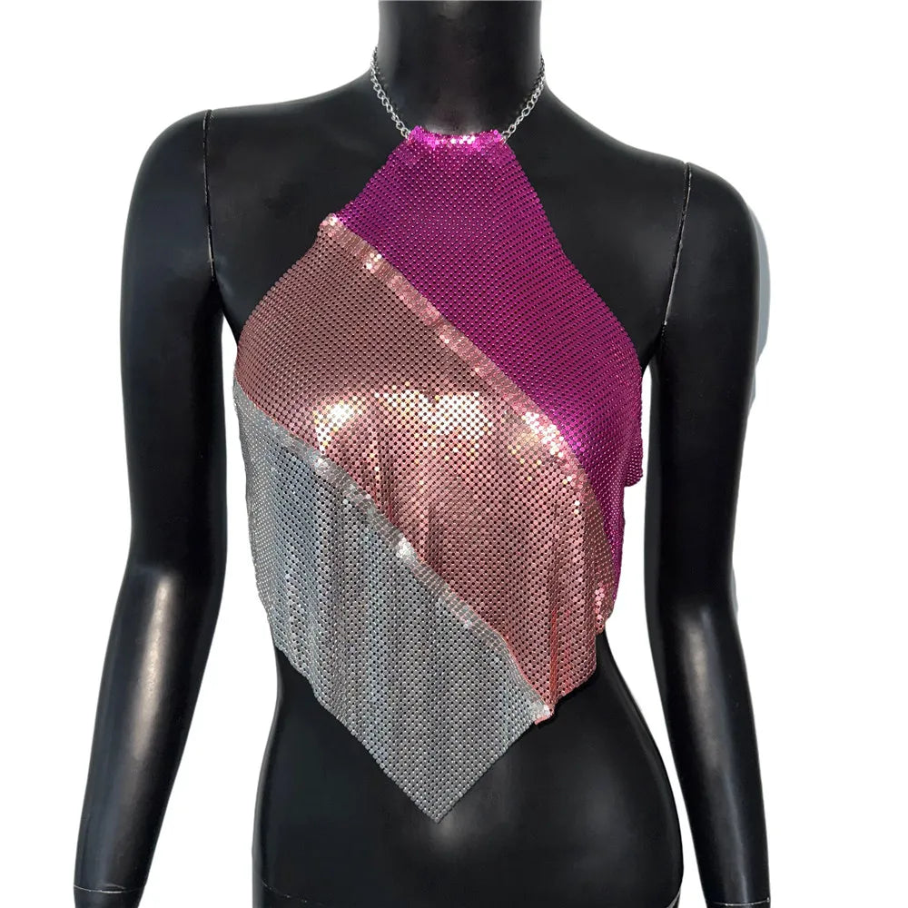 Metal Sequin Halter Crop Top - Backless Off-Shoulder Sling Tank