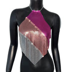 Metal Sequin Halter Crop Top - Backless Off-Shoulder Sling Tank