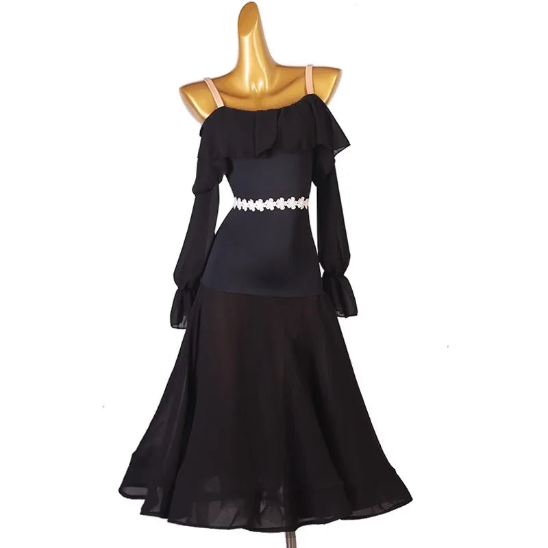 Black Off-Shoulder Ballroom Dress | White Sash | XXS-XXL