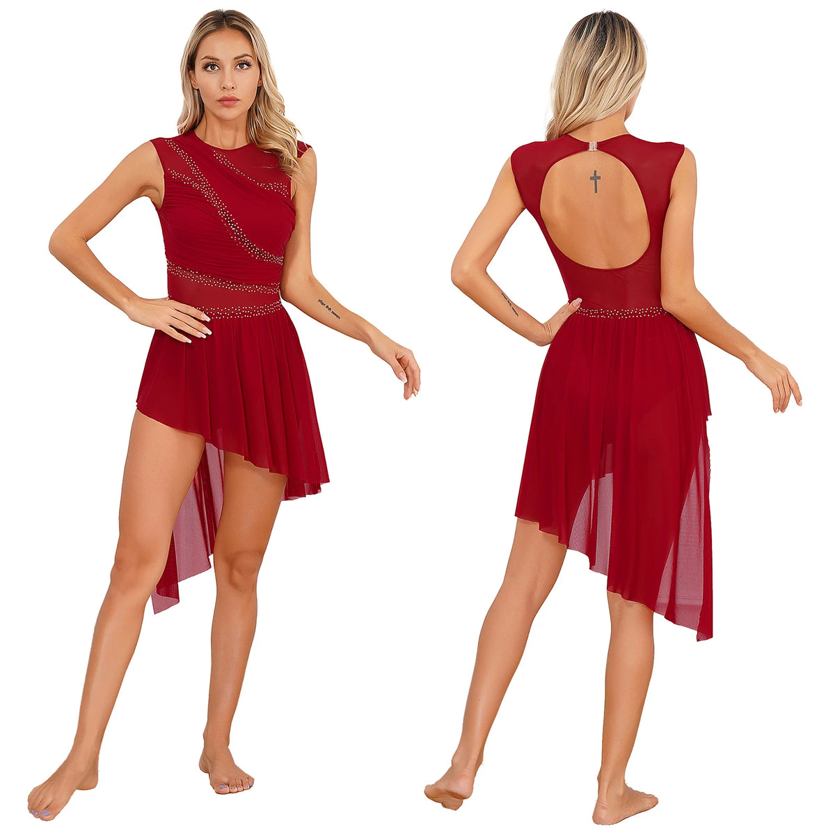 Dance Leotard Dress | Rhinestone Mesh Overlay