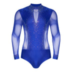 Men's Latin Dance Leotard | Deep V-Neck & Sheer Mesh | Rhinestone & Tassels
