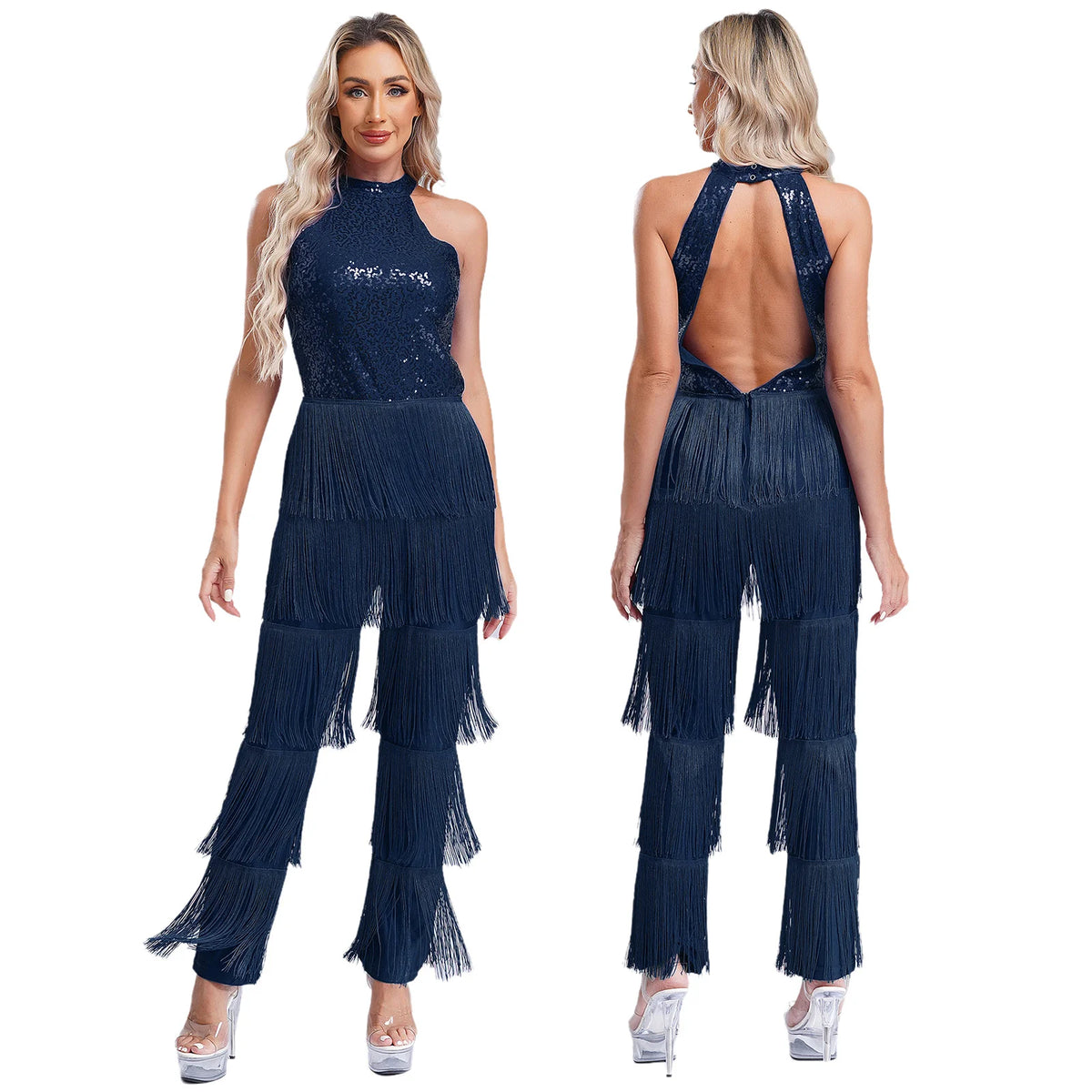 Sequin Tassel Jumpsuit | Halter Neck | Latin Dance