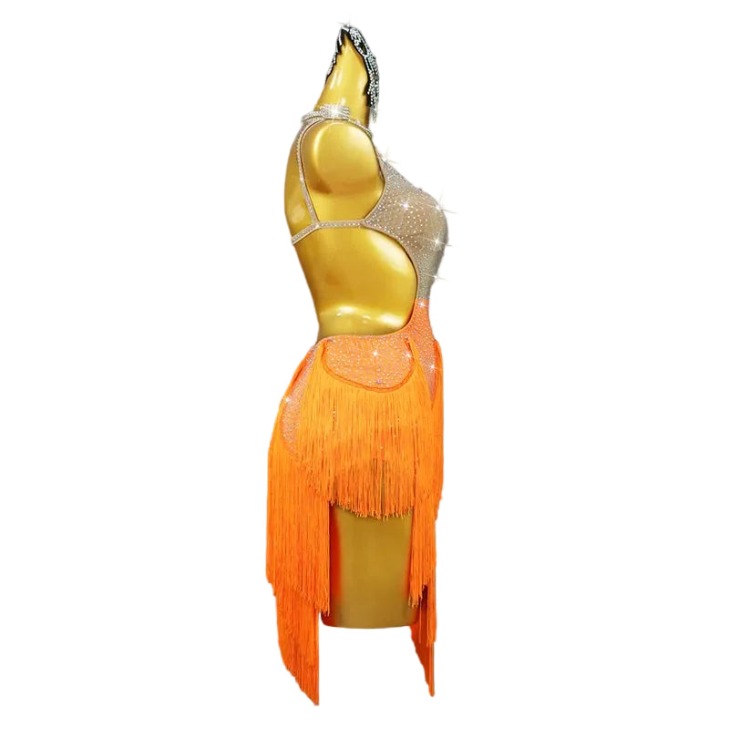 Rhinestone Latin Dance Competition Dress with Ornaments