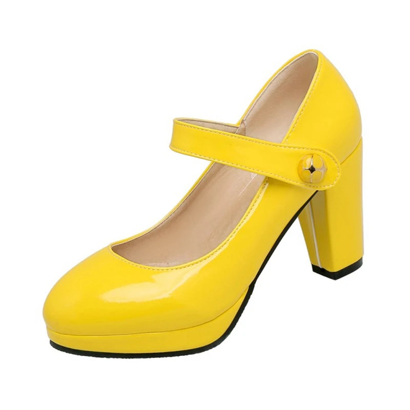 Round-Toe Mary Jane Platform Pumps — 9 cm Square Heel Extended Sizing