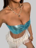 Sequin Shell Tassel Chain Tube Top - Backless Bandage Crop Top