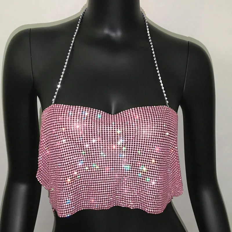 Bling Rhinestone Sequin Halter Crop Top - Backless Metal Tank