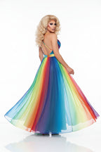 Rainbow Chiffon Dress | Backless V-Neck | Ankle-Length