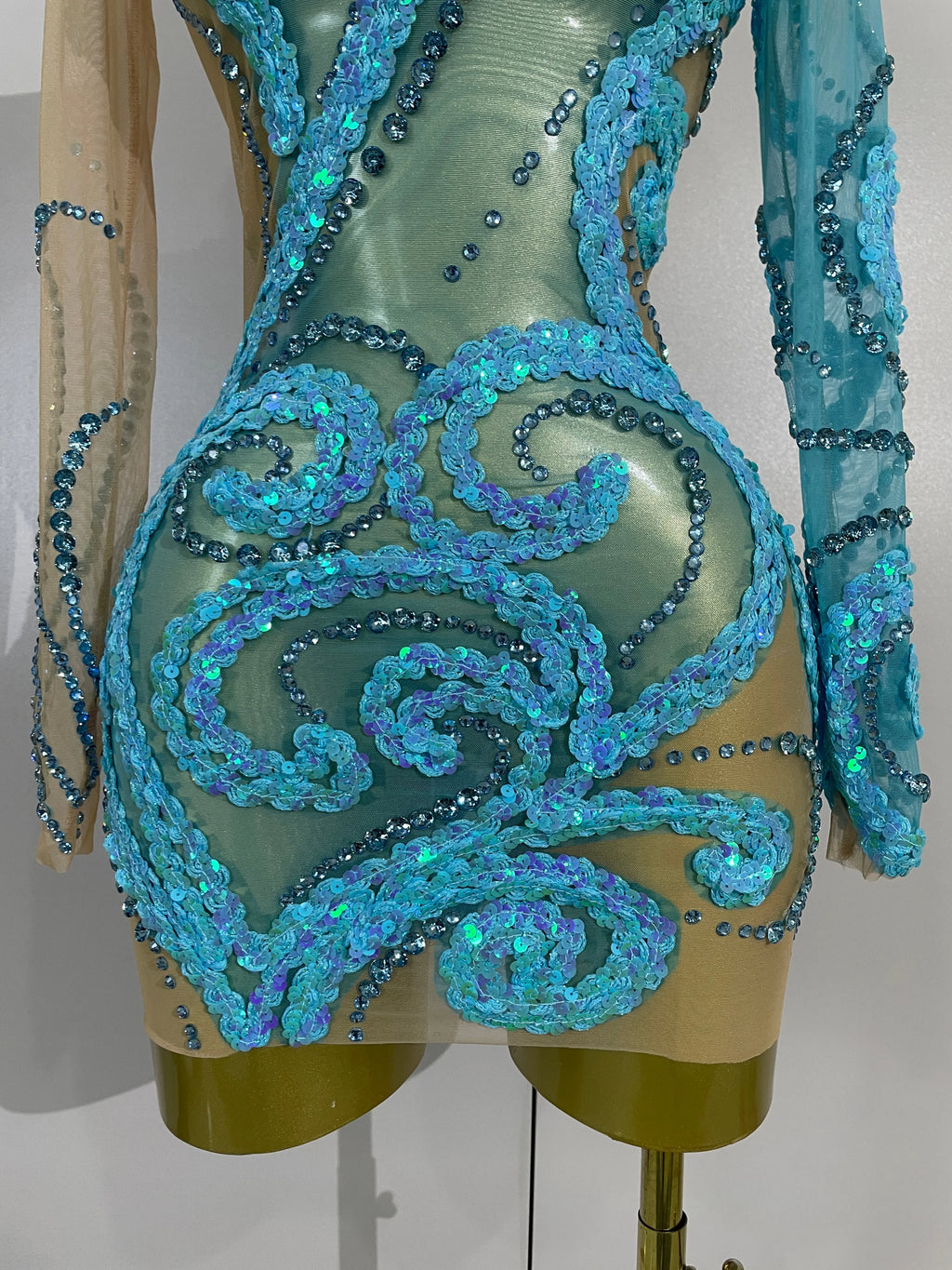 3D Swirl Appliqué Long-Sleeve Mini Dress | Turtleneck | Sky Blue