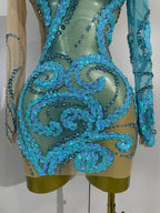 3D Swirl Appliqué Long-Sleeve Mini Dress | Turtleneck | Sky Blue