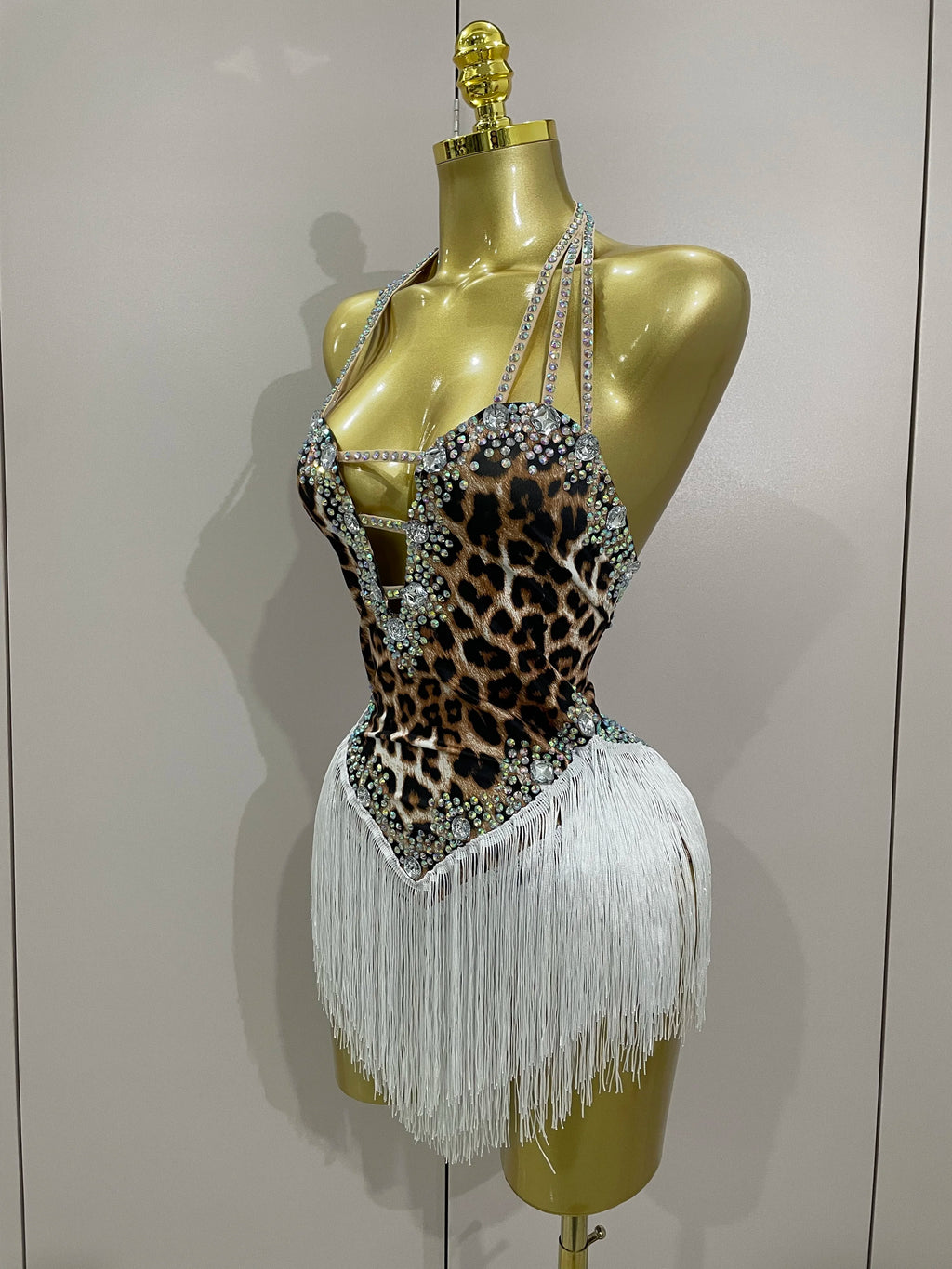 Leopard Print Rhinestone Tassel Bodysuit | Halter | S–XL