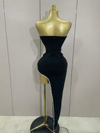 Rhinestone S-Panel Strapless Bodycon Gown | Deep V | Black