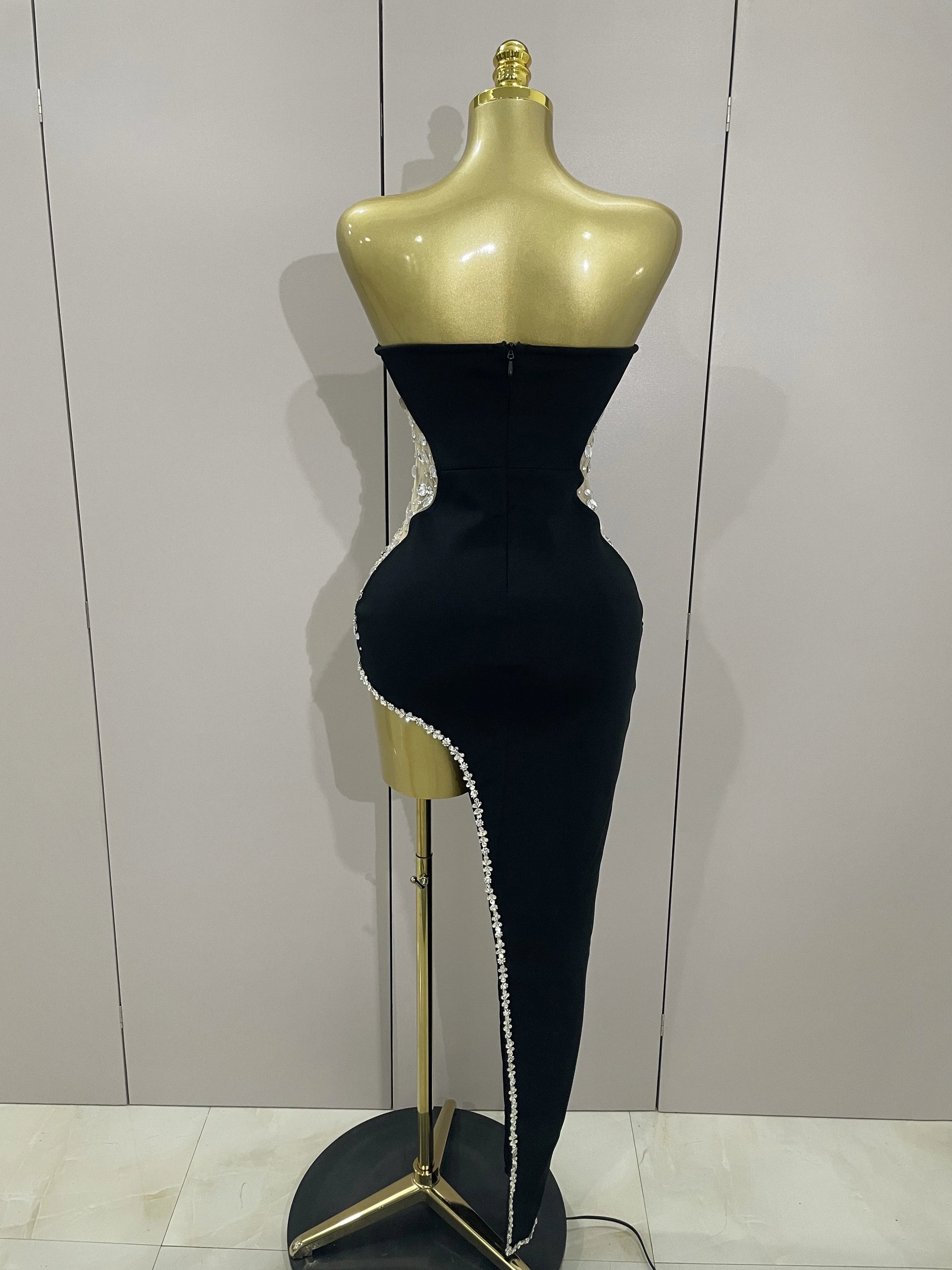Rhinestone S-Panel Strapless Bodycon Gown | Deep V | Black
