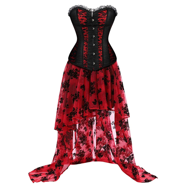 Gothic Floral Corset Dress Set | Red & Black | Lace Skirt | Plus Size