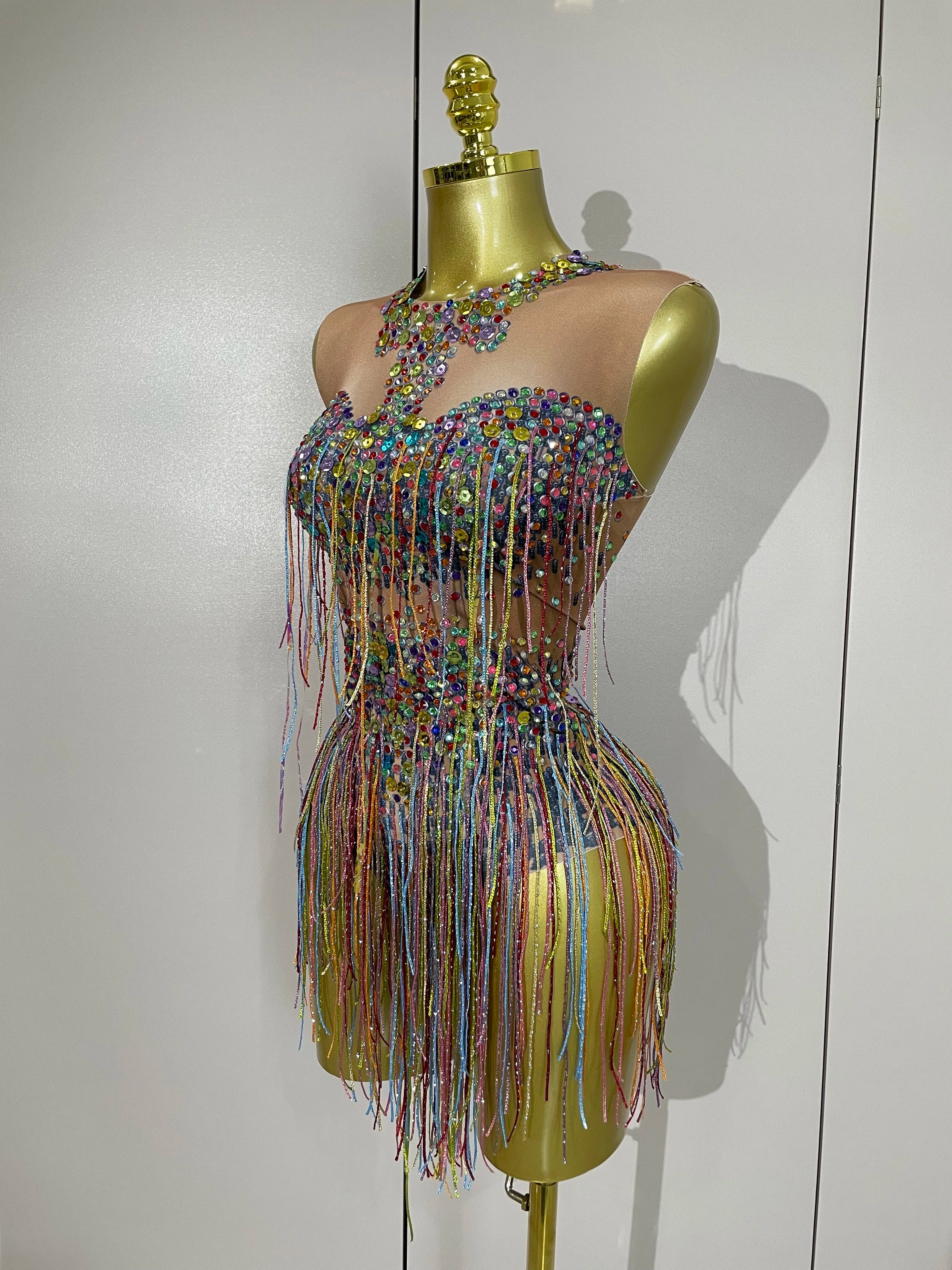 Rhinestone Sequin Tassel Bodysuit | Colorful | XS–XL