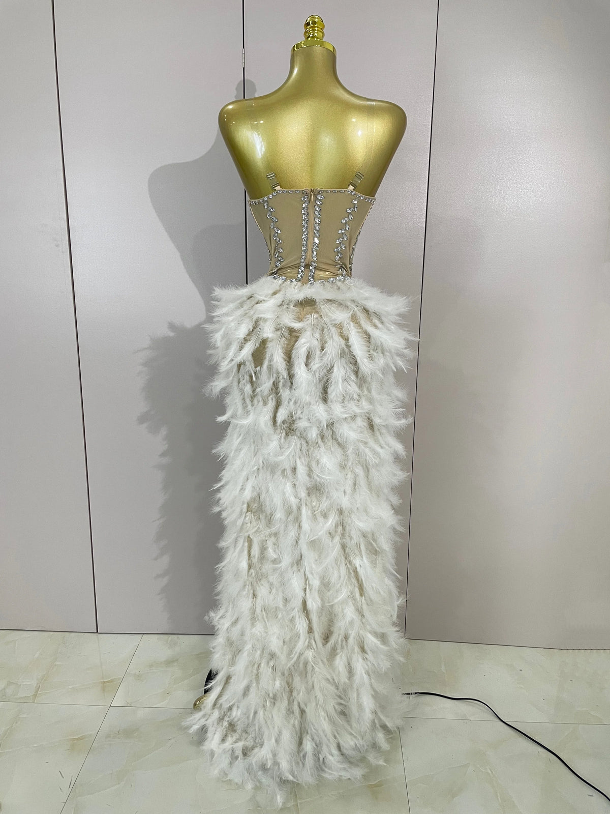 Rhinestone Feather Train Bodysuit | Stage Dress | S–XL