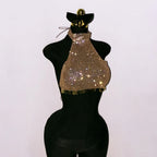 Rhinestone Sequin Tassel Fishnet Crop Top