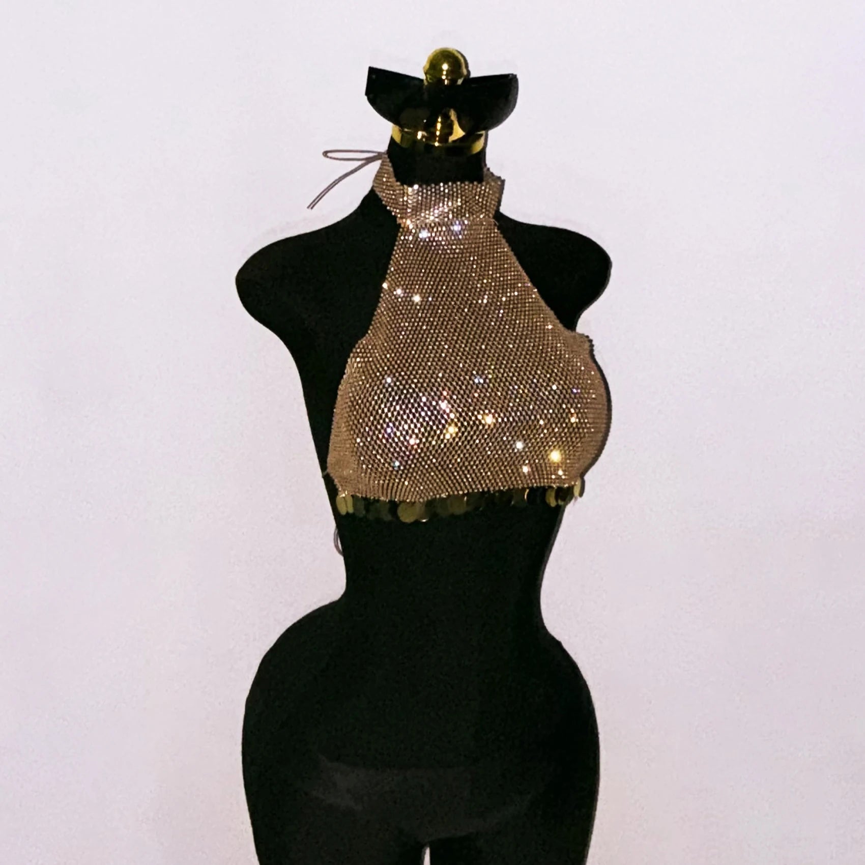 Rhinestone Sequin Tassel Fishnet Crop Top